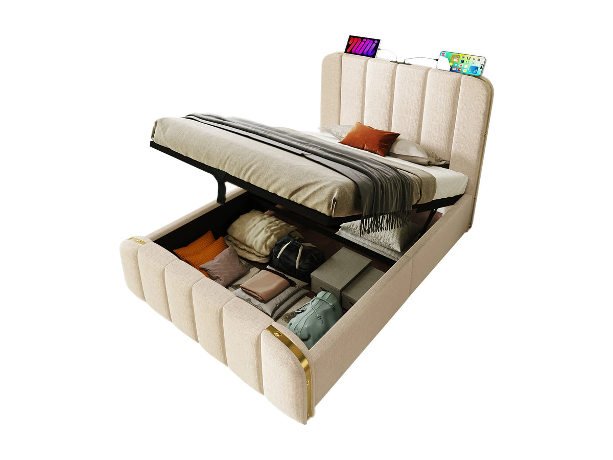 Lit Coffre 90x200 Tissu Lin Beige avec Port USB — vue 7