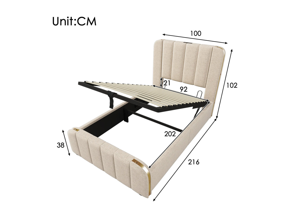 Lit Coffre 90x200 Tissu Lin Beige avec Port USB — vue 10