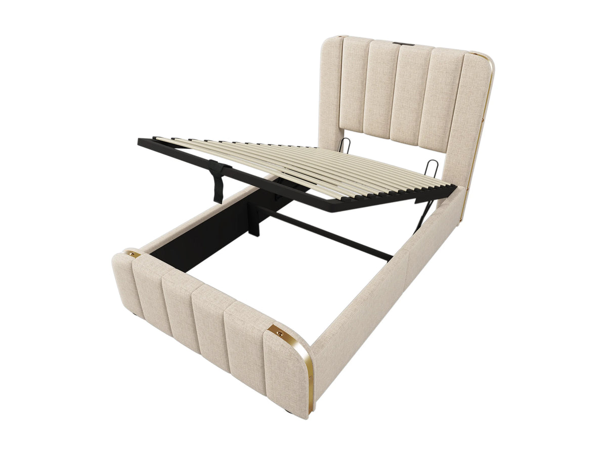 Lit Coffre 90x200 Tissu Lin Beige avec Port USB — vue 8
