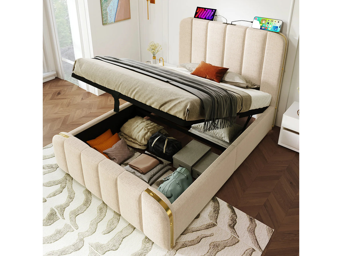 Lit Coffre 90x200 Tissu Lin Beige avec Port USB — vue 3