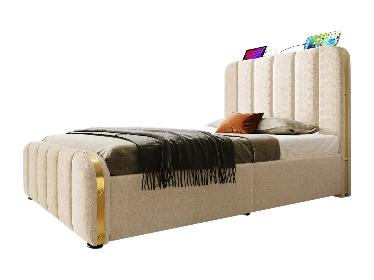 Lit Coffre 90x200 Tissu Lin Beige avec Port USB — vue 9