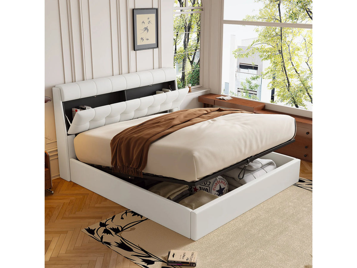 Lit Coffre 160x200 Simili Cuir Blanc Capitonné — vue 3