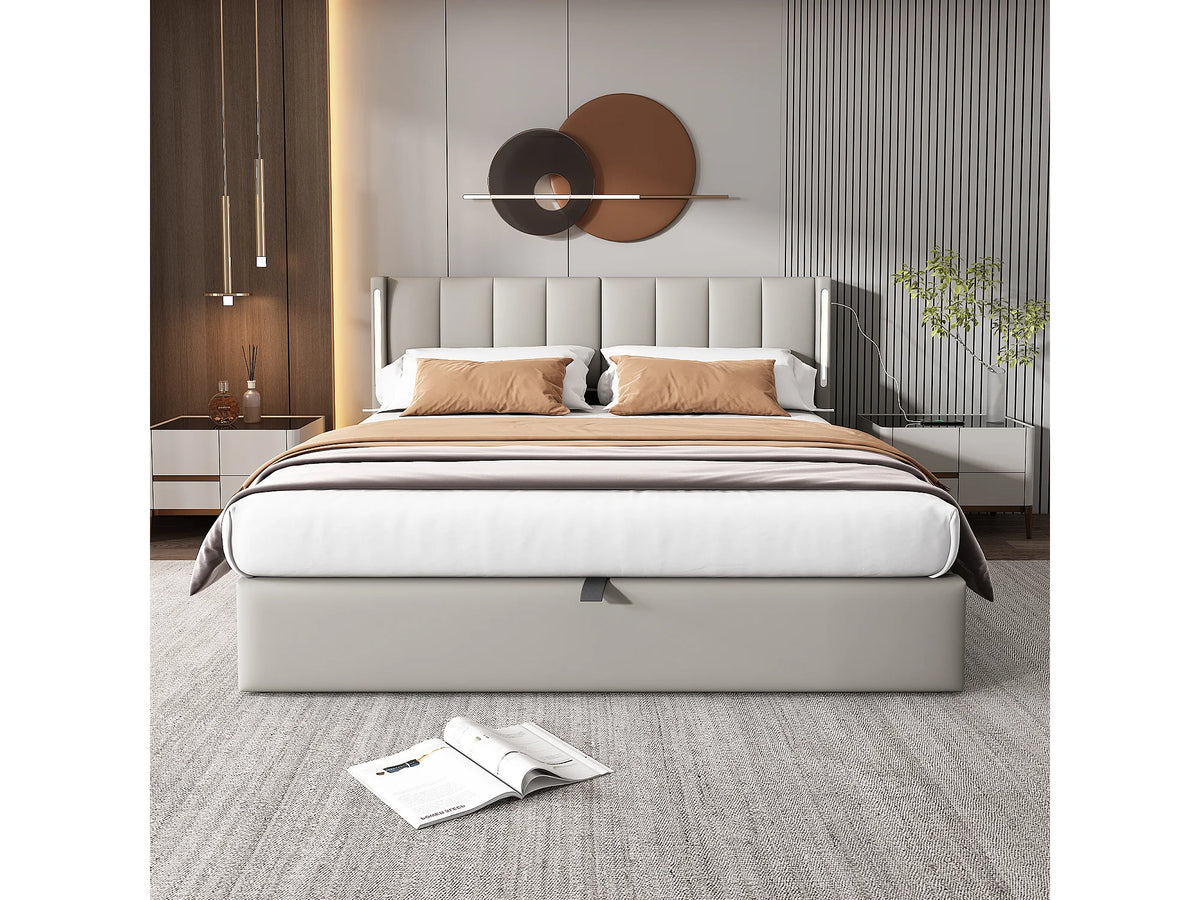 Lit Coffre 140x190 Simili Cuir Gris avec LED et Port USB
