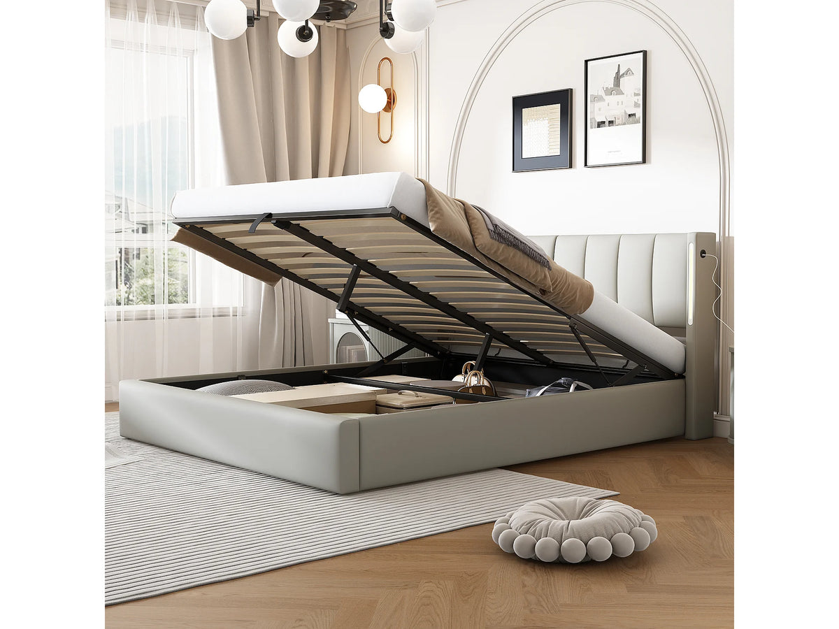 Lit Coffre 140x190 Simili Cuir Gris avec LED et Port USB — vue 3