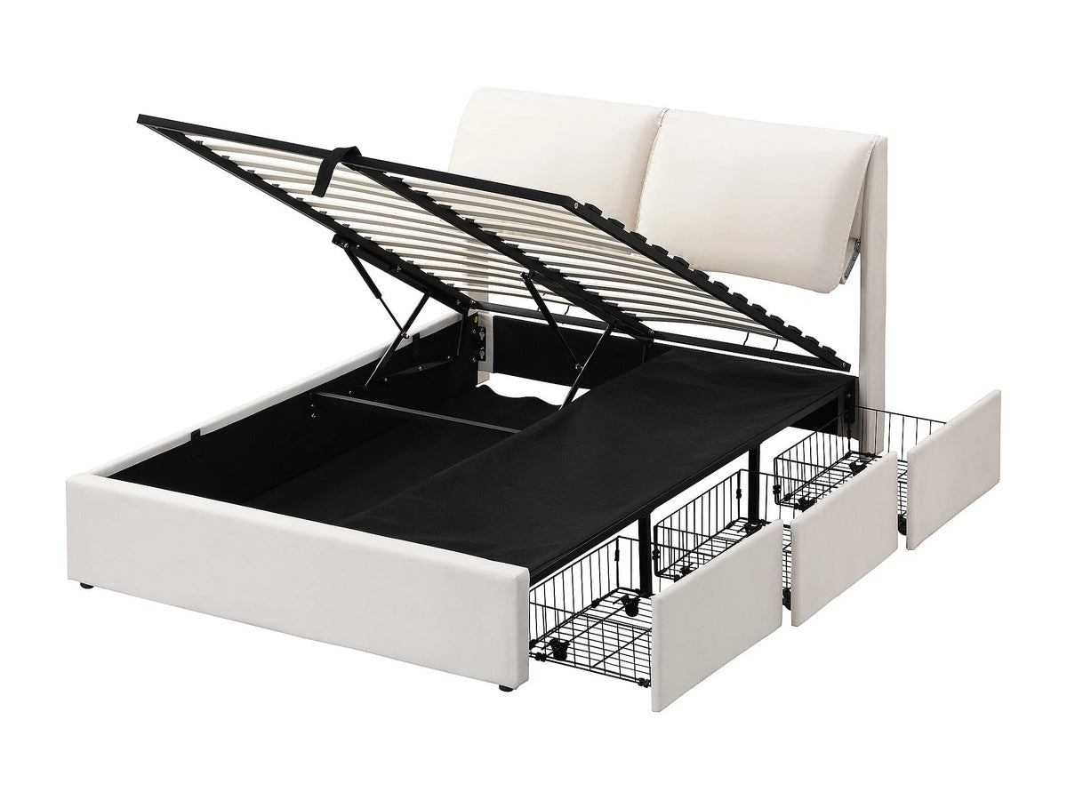 Lit Coffre 140x200 Velours Beige avec Tiroirs — vue 5