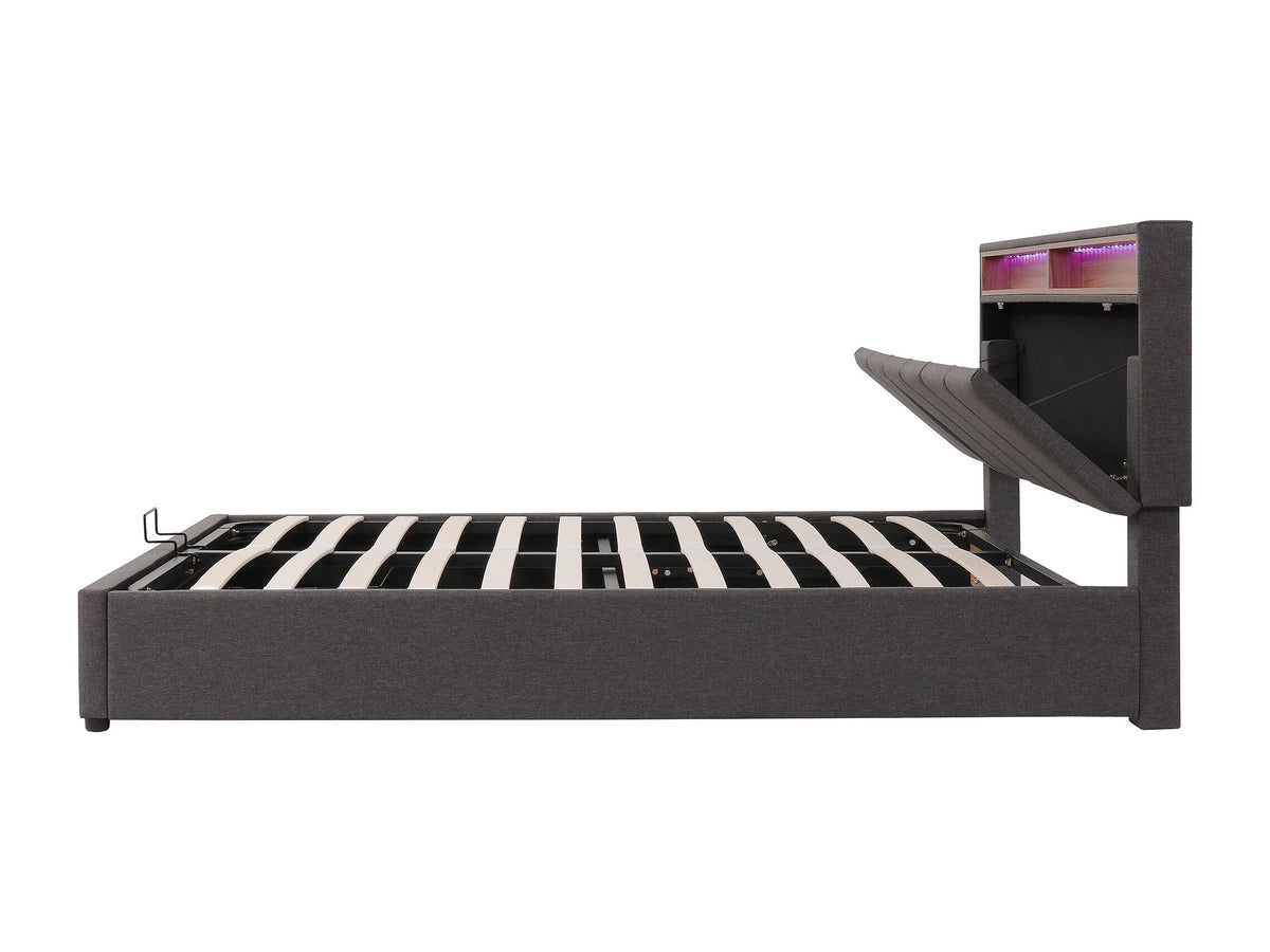 Lit Coffre 140x200 Tissu Lin Gris avec LED — vue 8