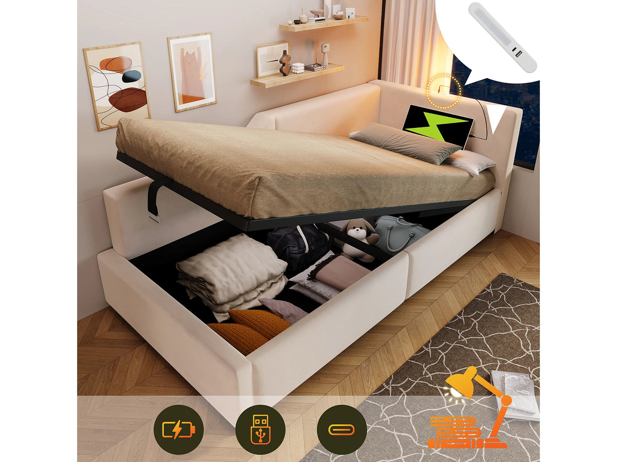 Lit Coffre 90x190 Velours Beige avec LED et Port USB
