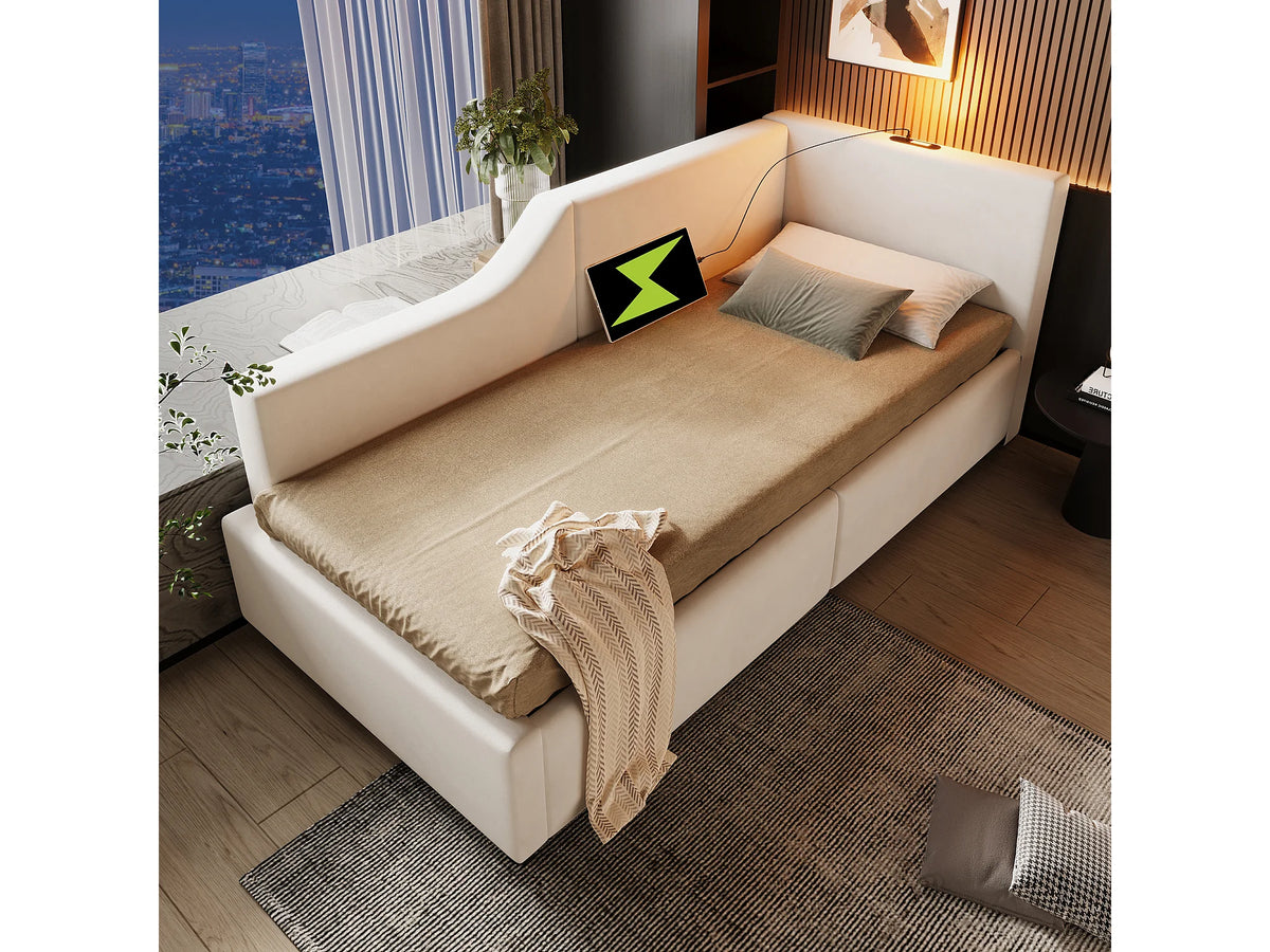 Lit Coffre 90x190 Velours Beige avec LED et Port USB — vue 2