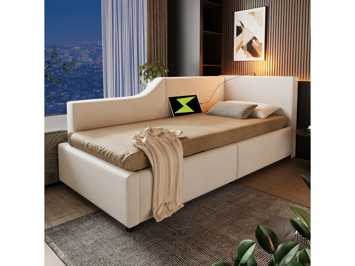 Lit Coffre 90x190 Velours Beige avec LED et Port USB — vue 3