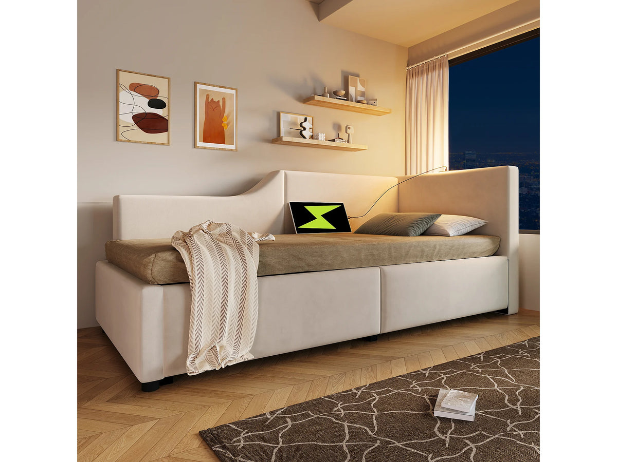 Lit Coffre 90x190 Velours Beige avec LED et Port USB — vue 6