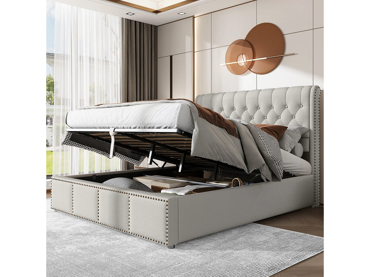 Lit Coffre 140x190 Tissu Lin Gris Capitonné