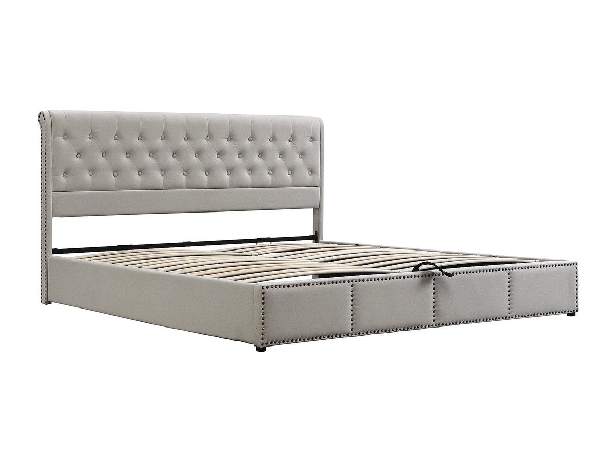 Lit Coffre 140x190 Tissu Lin Gris Capitonné — vue 7