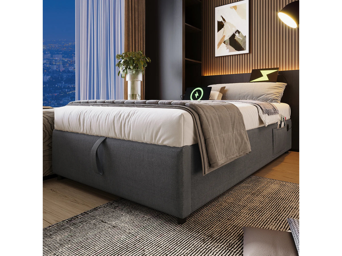 Lit Coffre 90x190 Tissu Lin Gris avec Port USB — vue 3