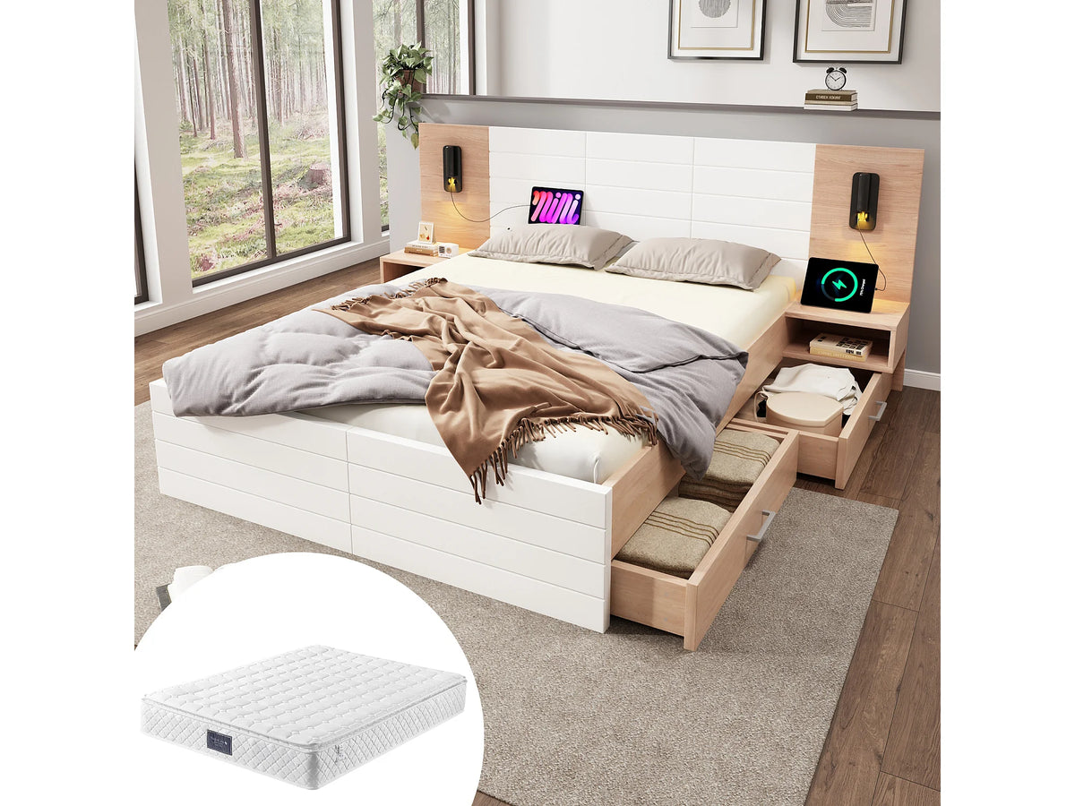 Lit Coffre 140x200 Bois Blanc avec Chevets, Matelas, LED, Tiroirs et Port USB