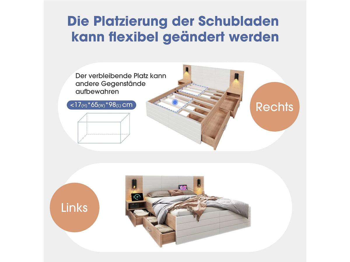 Lit Coffre 140x200 Bois Blanc avec Chevets, Matelas, LED, Tiroirs et Port USB — vue 10