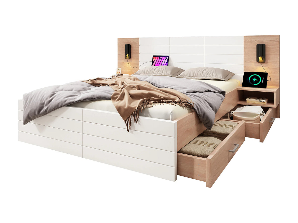 Lit Coffre 140x200 Bois Blanc avec Chevets, Matelas, LED, Tiroirs et Port USB — vue 5