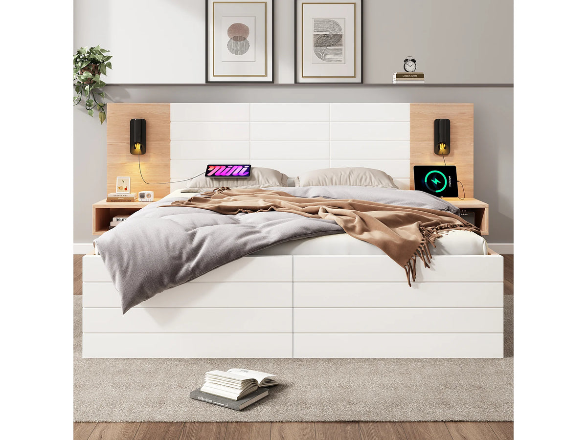 Lit Coffre 140x200 Bois Blanc avec Chevets, Matelas, LED, Tiroirs et Port USB — vue 3