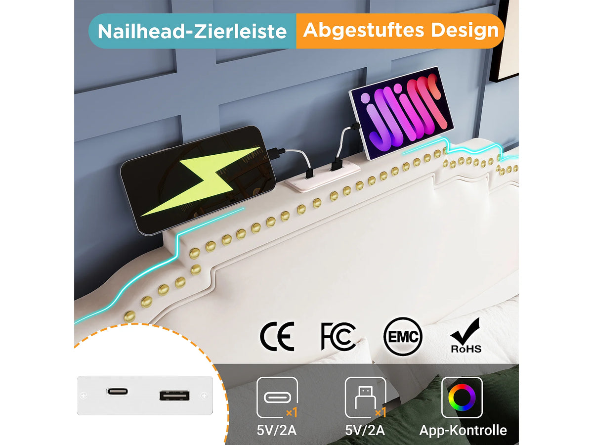 Lit Coffre 160x200 Velours Beige avec LED, Tiroirs et Port USB — vue 5