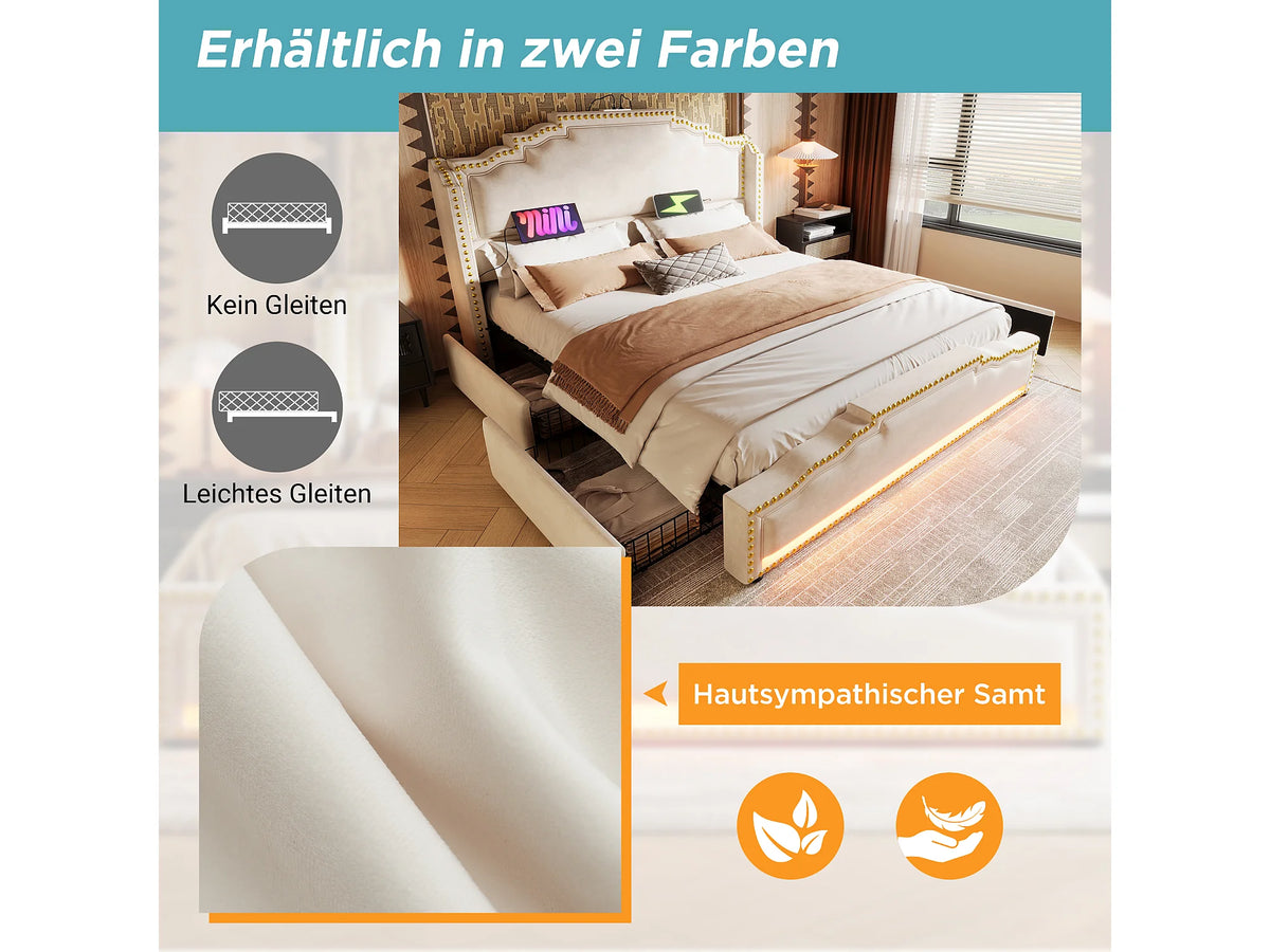 Lit Coffre 160x200 Velours Beige avec LED, Tiroirs et Port USB — vue 6