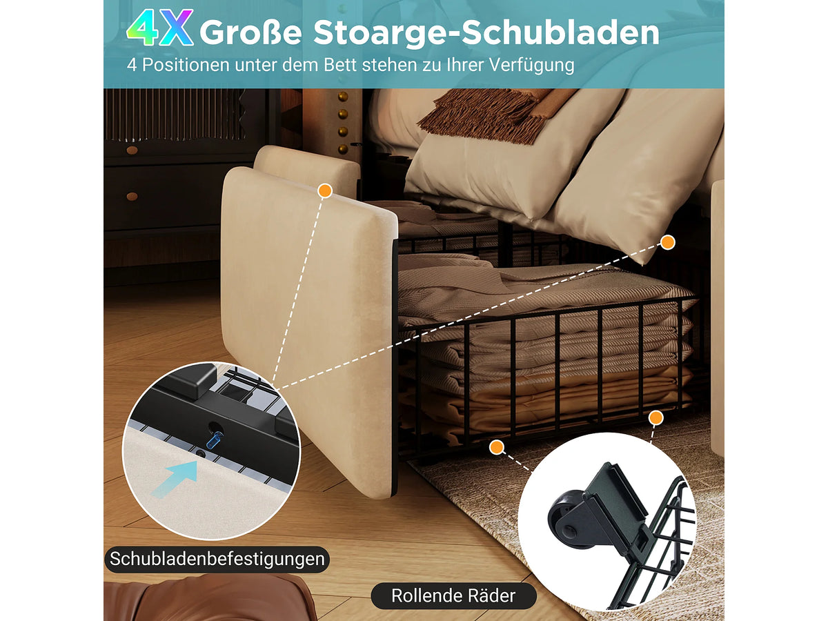 Lit Coffre 160x200 Velours Beige avec LED, Tiroirs et Port USB — vue 9