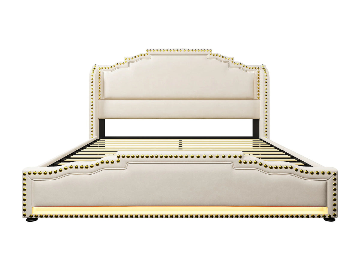 Lit Coffre 160x200 Velours Beige avec LED, Tiroirs et Port USB — vue 3