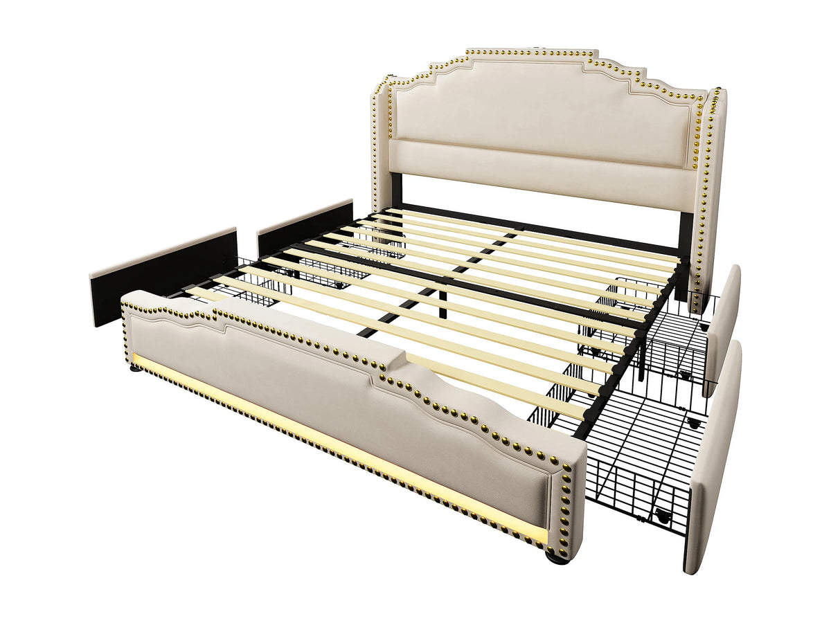 Lit Coffre 160x200 Velours Beige avec LED, Tiroirs et Port USB — vue 10