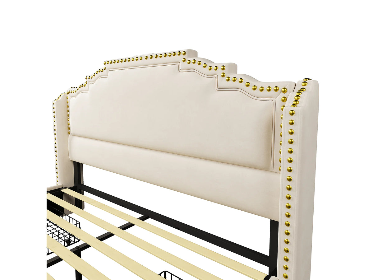 Lit Coffre 160x200 Velours Beige avec LED, Tiroirs et Port USB — vue 7