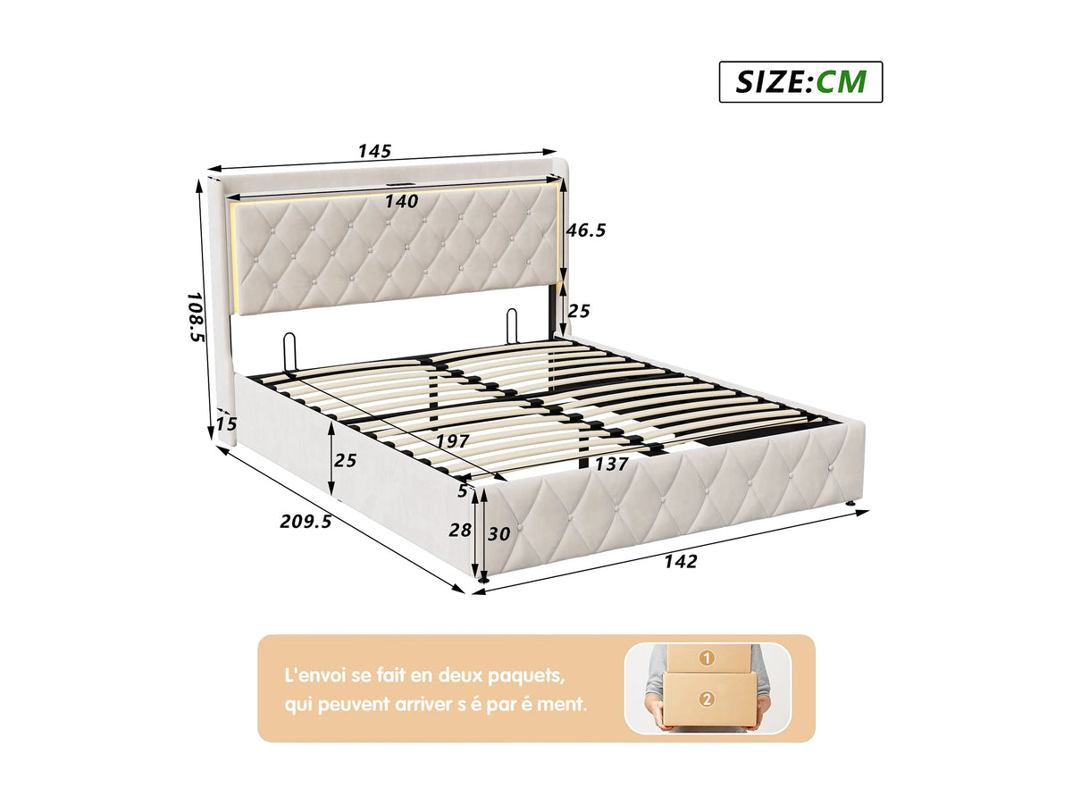 Lit Coffre 140x200 Velours Noir avec LED et Port USB — vue 7