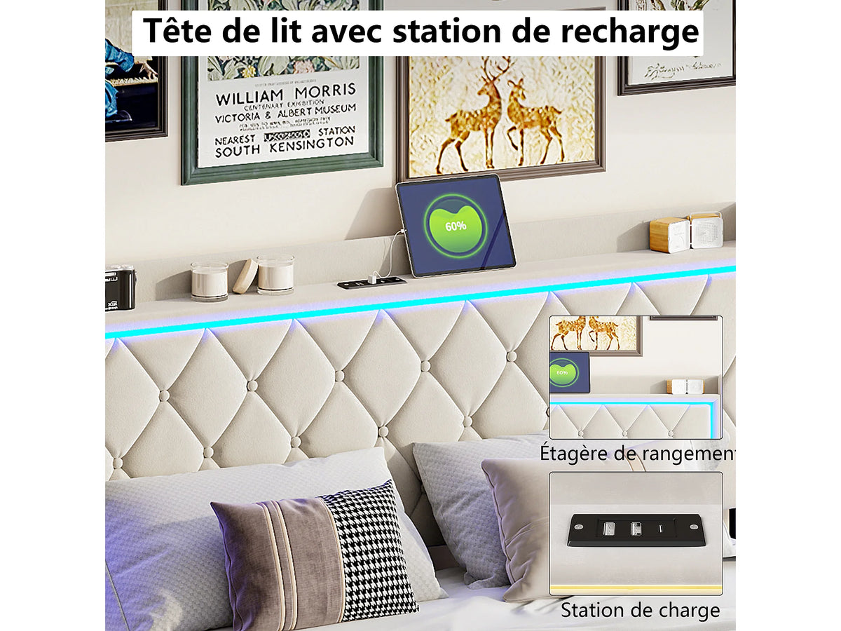 Lit Coffre 140x200 Velours Noir avec LED et Port USB — vue 8