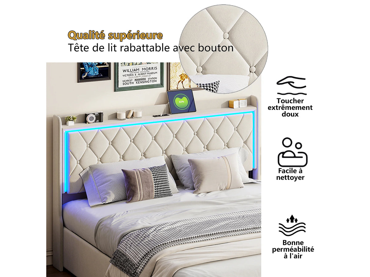 Lit Coffre 140x200 Velours Noir avec LED et Port USB — vue 9