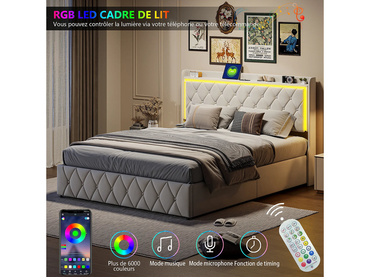 Lit Coffre 140x200 Velours Noir avec LED et Port USB — vue 3