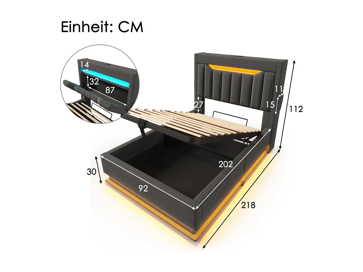 Lit Coffre 90x200 Tissu Lin Gris Capitonné avec LED et Port USB — vue 5