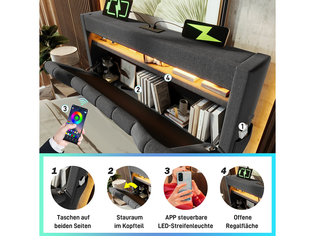 Lit Coffre 90x200 Tissu Lin Gris Capitonné avec LED et Port USB — vue 7