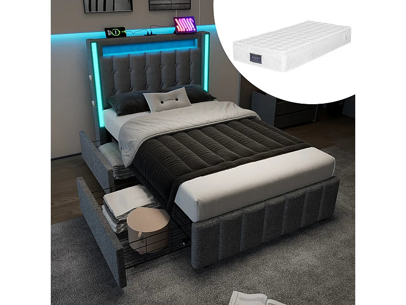 Lit Coffre 90x200 Tissu Lin Gris Capitonné avec Chevets, Matelas, LED, Tiroirs et Port USB — vue 5