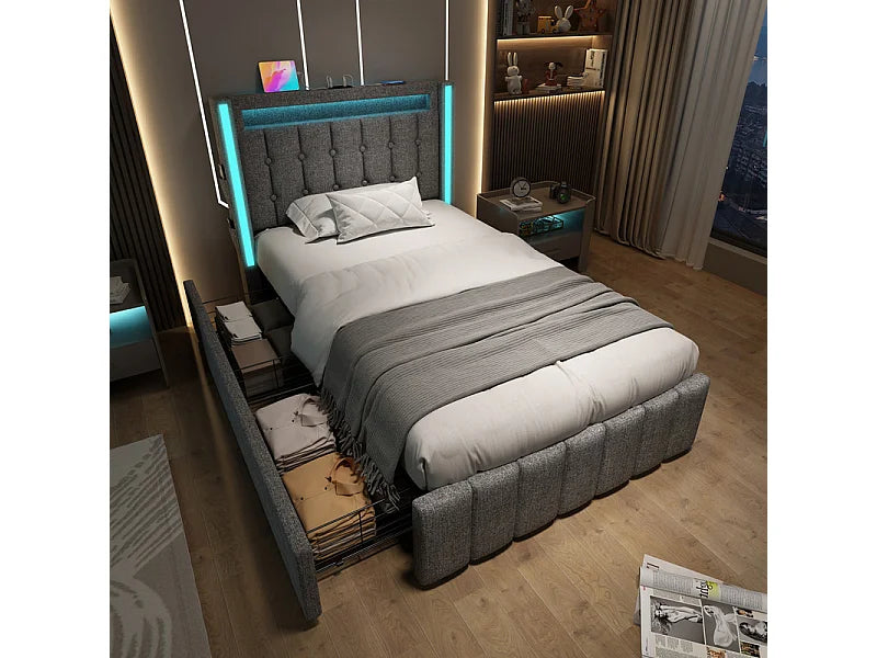 Lit Coffre 90x200 Tissu Lin Gris Capitonné avec Chevets, Matelas, LED, Tiroirs et Port USB — vue 2
