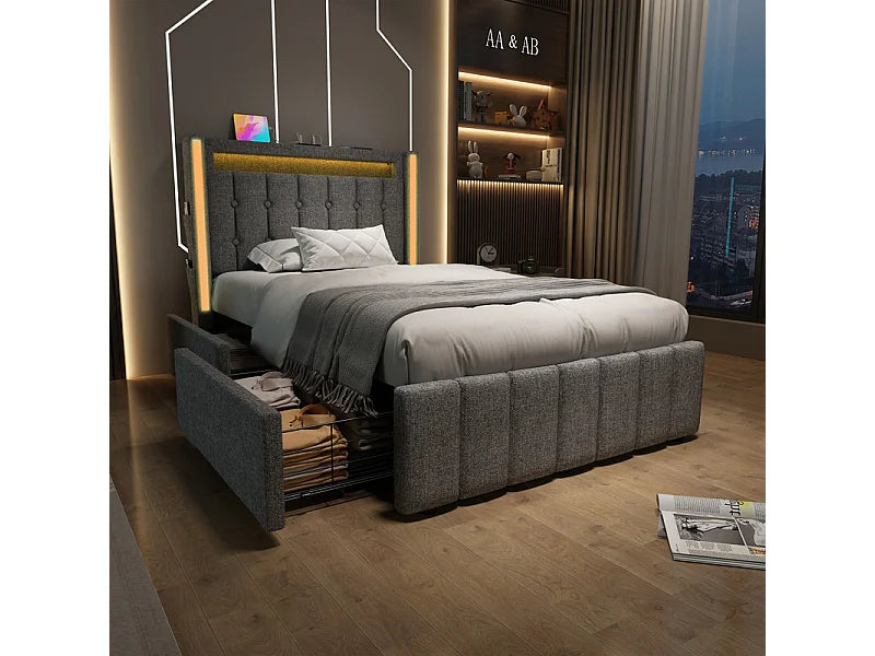 Lit Coffre 90x200 Tissu Lin Gris Capitonné avec Chevets, Matelas, LED, Tiroirs et Port USB — vue 4