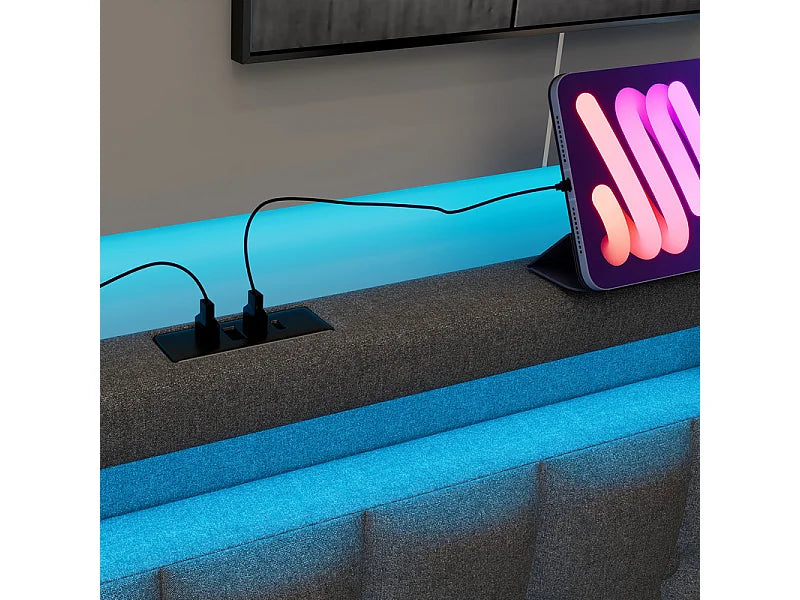 Lit Coffre 90x200 Tissu Lin Gris Capitonné avec Chevets, Matelas, LED, Tiroirs et Port USB — vue 7