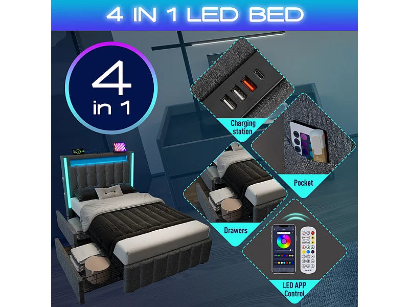 Lit Coffre 90x200 Tissu Lin Gris Capitonné avec Chevets, Matelas, LED, Tiroirs et Port USB — vue 8