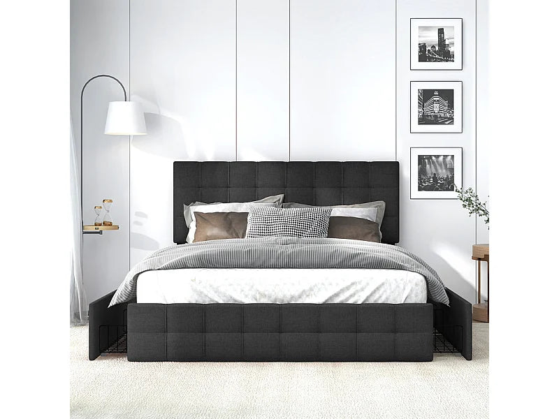 Lit Coffre 140x200 Tissu Lin Noir avec Chevets et Tiroirs — vue 2