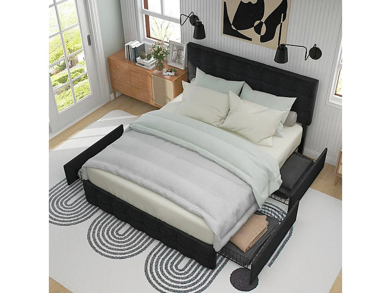 Lit Coffre 140x200 Tissu Lin Noir avec Chevets et Tiroirs — vue 4