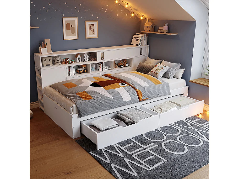 Lit Coffre 140x200 Bois Blanc avec Tiroirs