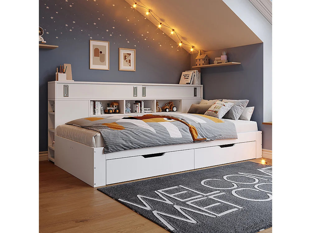 Lit Coffre 140x200 Bois Blanc avec Tiroirs — vue 2