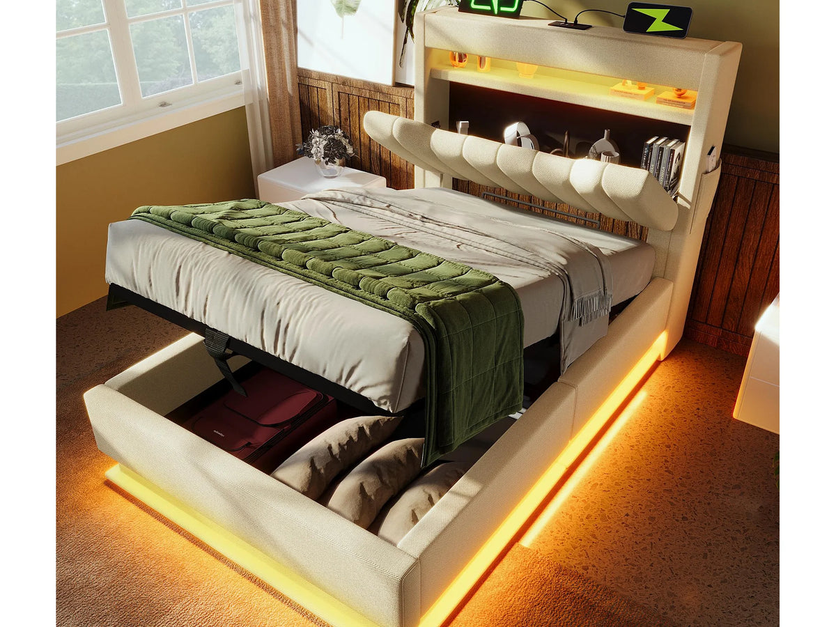Lit Coffre 90x200 Tissu Lin Beige Capitonné avec LED et Port USB