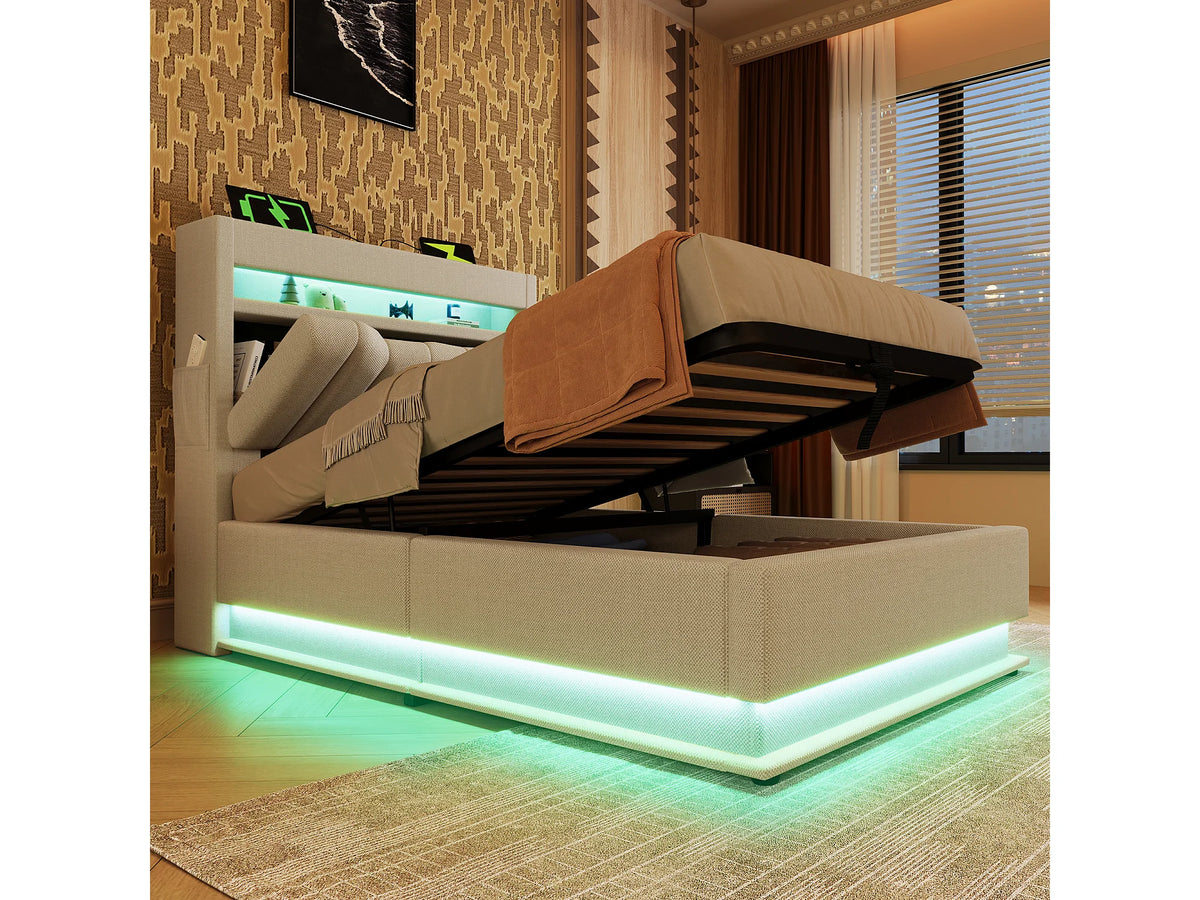 Lit Coffre 90x200 Tissu Lin Beige Capitonné avec LED et Port USB — vue 4