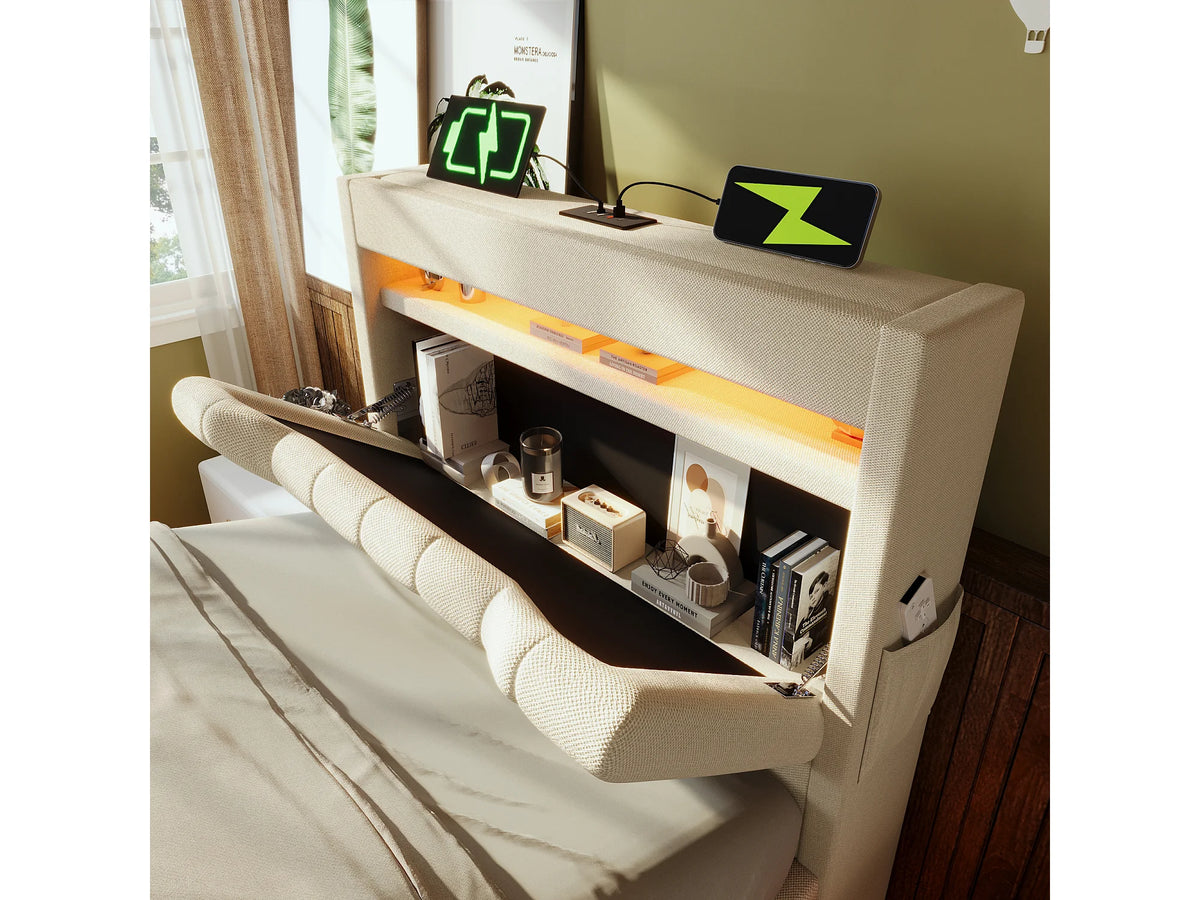 Lit Coffre 90x200 Tissu Lin Beige Capitonné avec LED et Port USB — vue 7