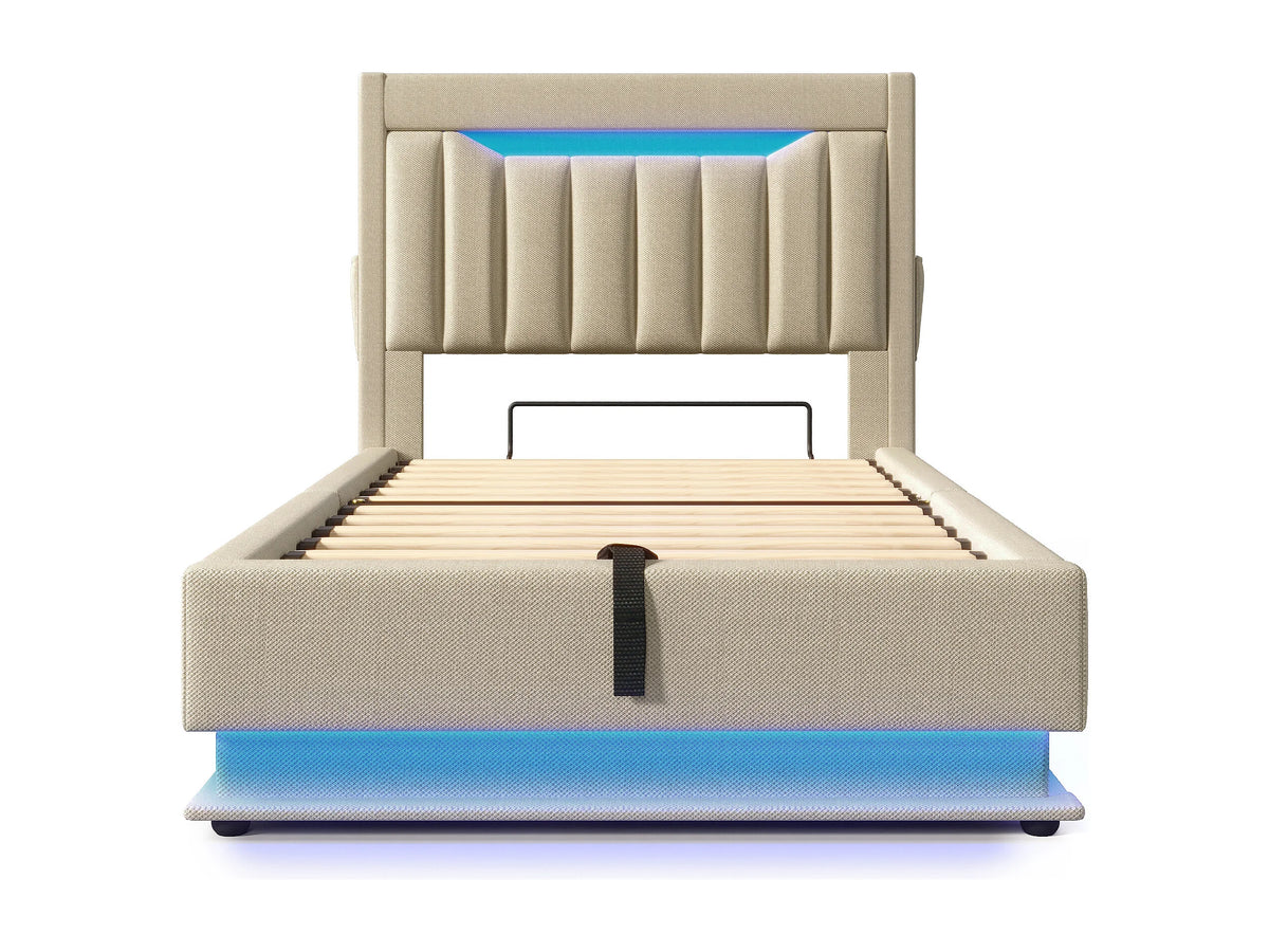 Lit Coffre 90x200 Tissu Lin Beige Capitonné avec LED et Port USB — vue 6