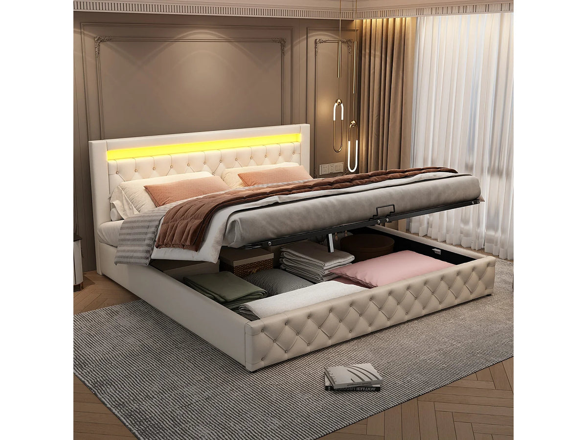 Lit Coffre 180x200 Simili Cuir Blanc avec LED — vue 3