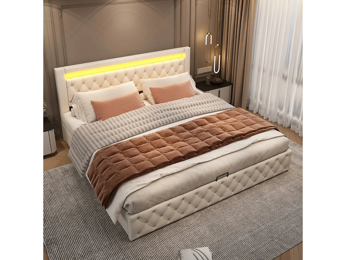 Lit Coffre 180x200 Simili Cuir Blanc avec LED — vue 4