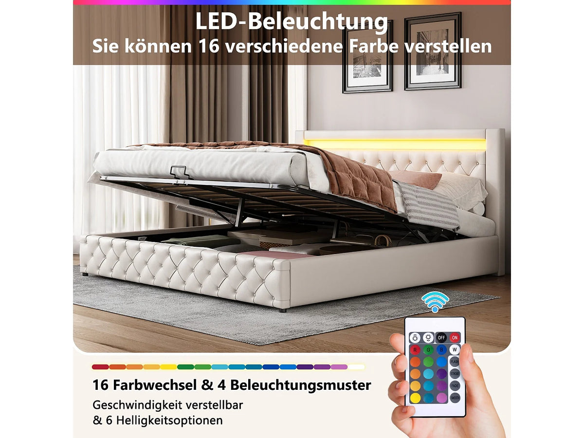 Lit Coffre 180x200 Simili Cuir Blanc avec LED — vue 6