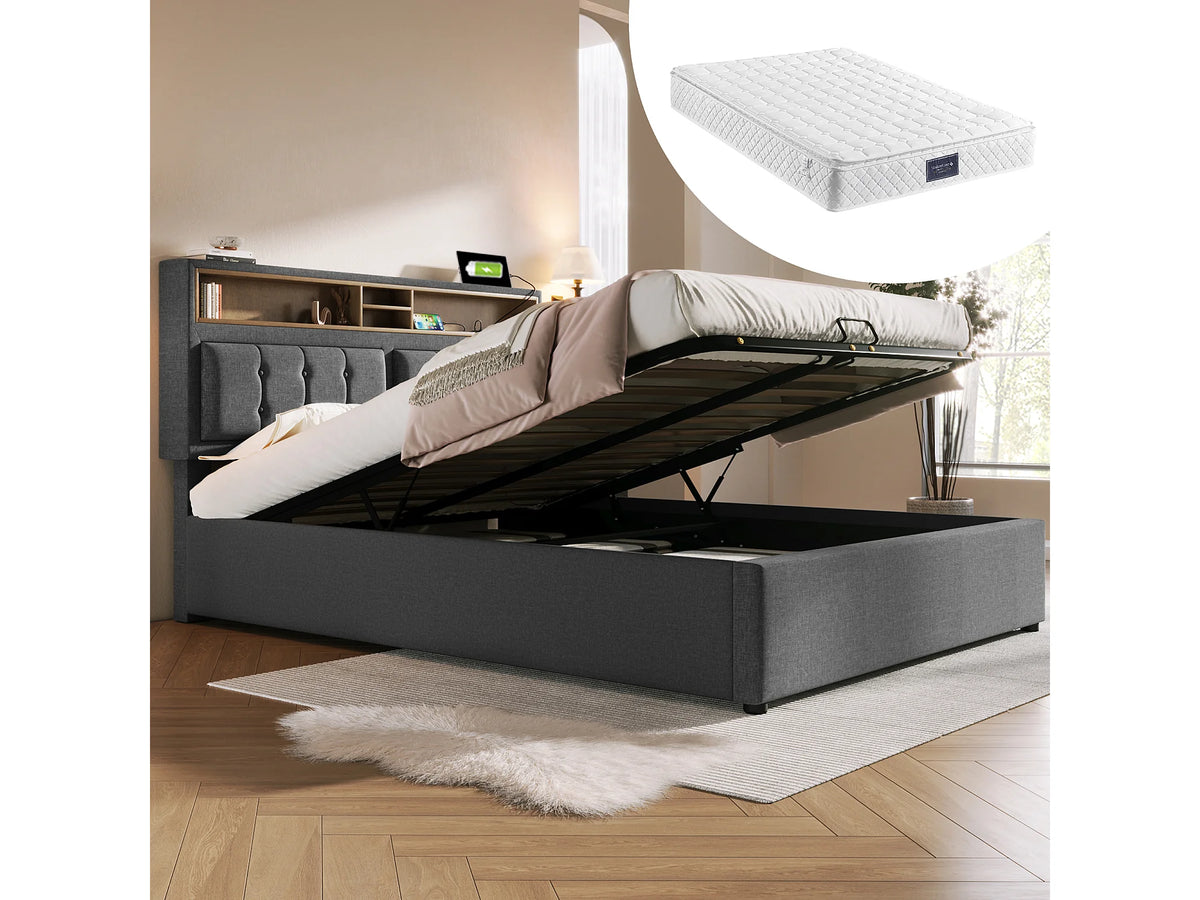 Lit Coffre 160x200 Tissu Lin Gris Capitonné avec Matelas et Port USB